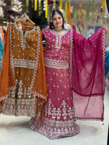 BEAUTIFULL SHORT KURTI WITH LEHNGA BORDER DESINING WITH TIILA AND PEARL WORK