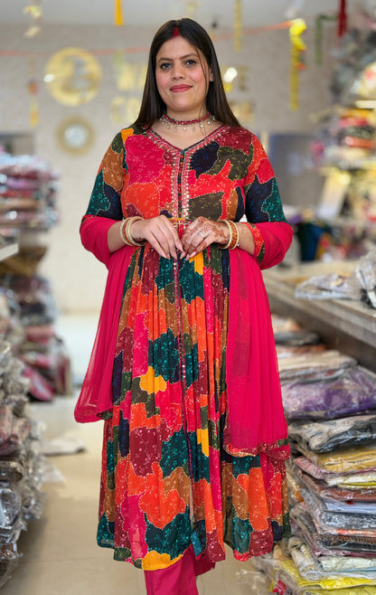 MULTI COLOUR NECK DESIGN SINGLE PC DRESS WITH DUPPTA