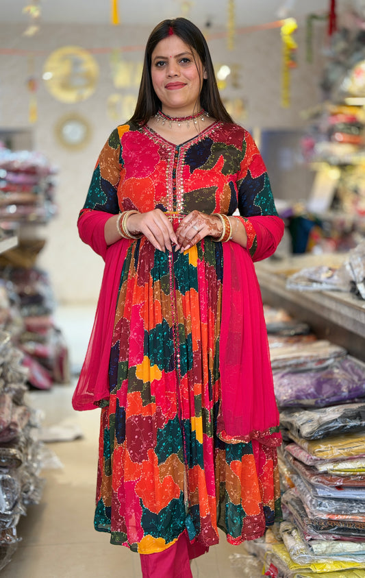 MULTI COLOUR NECK DESIGN SINGLE PC DRESS WITH DUPPTA