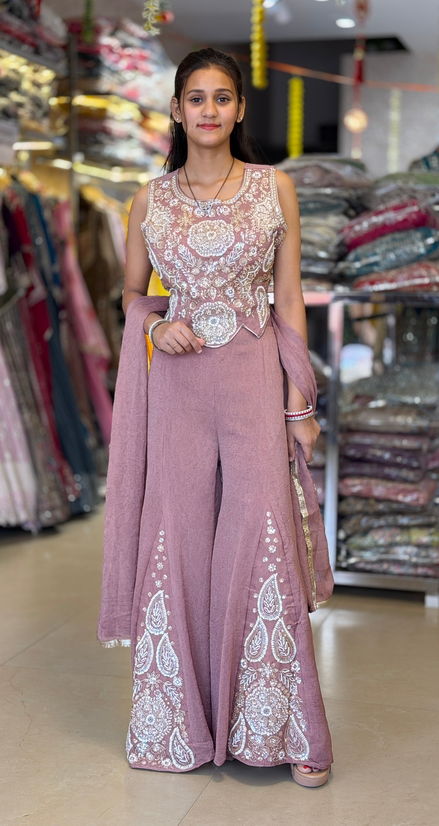 CROPE TOP PEARL WORK WITH BELBOTTOM PANT DESIGNER DRESS