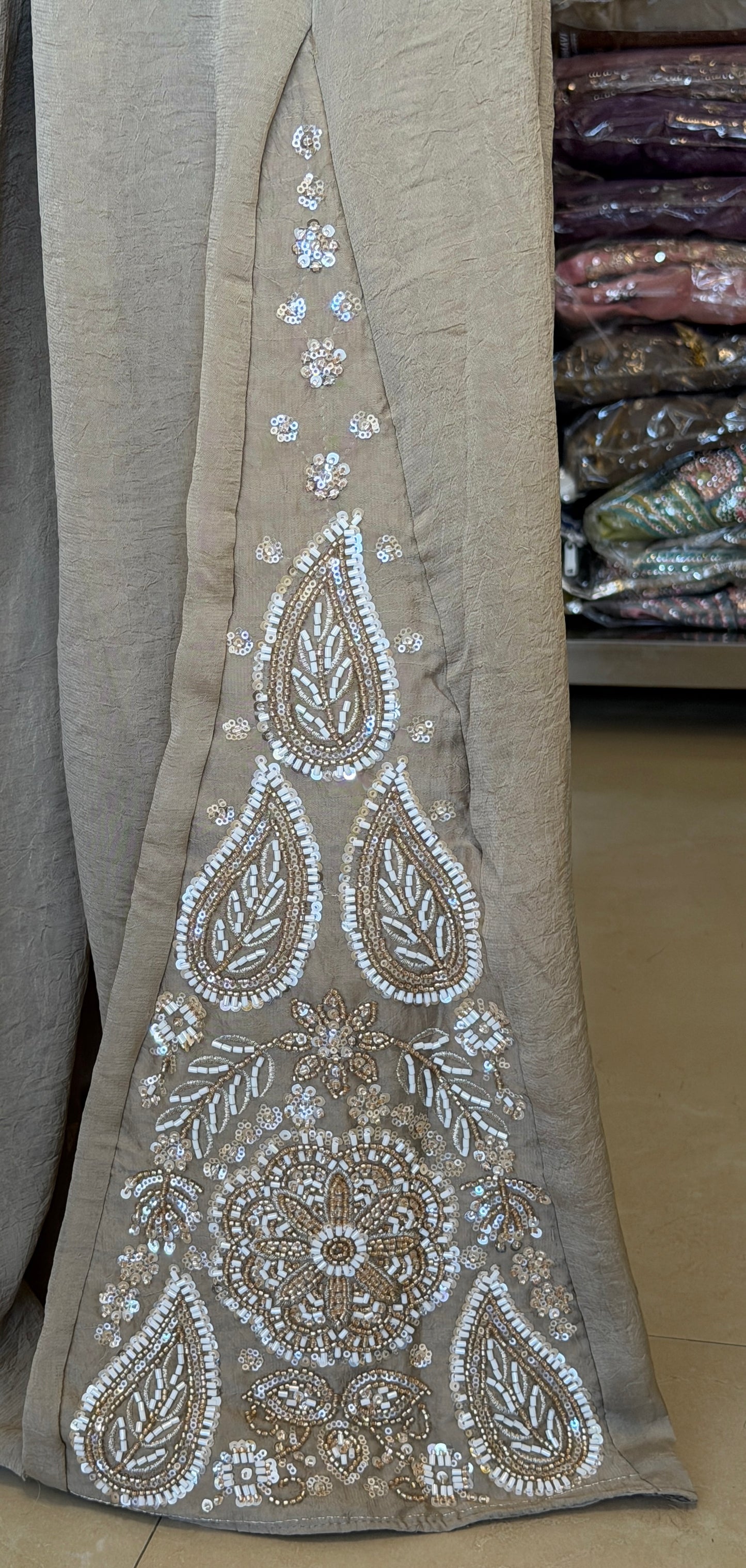 CROPE TOP PEARL WORK WITH BELBOTTOM PANT DESIGNER DRESS