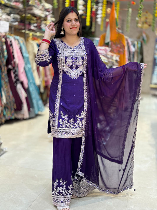PURE SILK NECK DESIGN WITH SIPPY WORK WITH HEAVY SHRARA