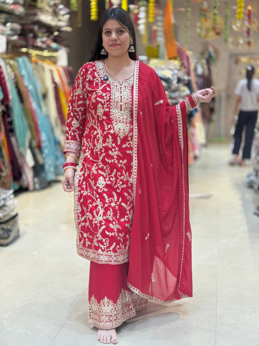 PURE CHINON FULL TILLA AND ZARI WORK WITH BORDER DESIGN PLAZO SUIT