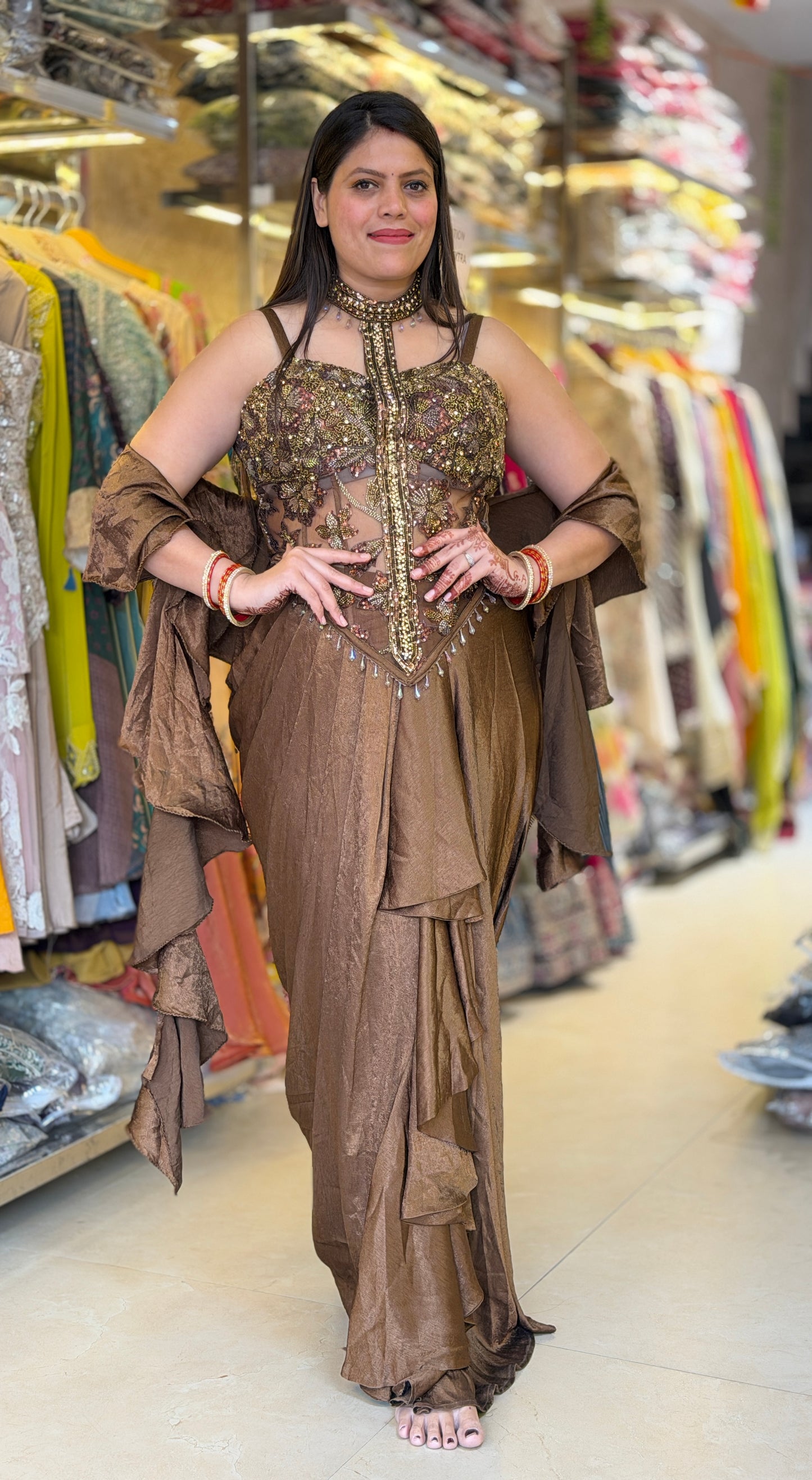 GOLDEN PREMIUM DESIGNER WEAR DRAPE SKIRT OUTFIT
