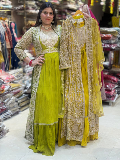 PURE GEORGET NETED CAPE NECK DESIGN FULL FLAIR GOWN