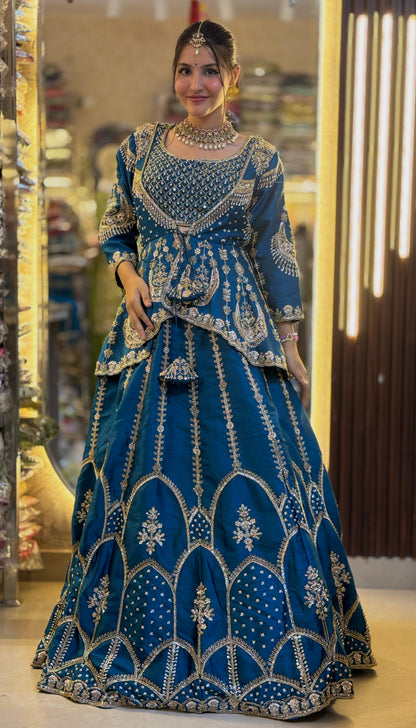 ROYAL BLUE BLASER WITH PEMPLUM DESIGN FULL FLAIR LEHENGA