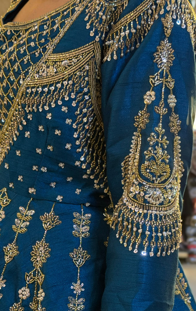 ROYAL BLUE BLASER WITH PEMPLUM DESIGN FULL FLAIR LEHENGA