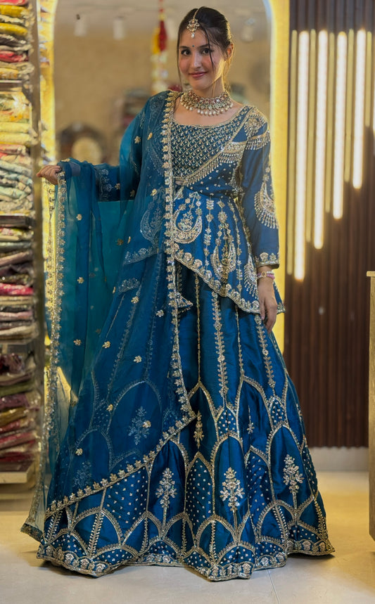 ROYAL BLUE BLASER WITH PEMPLUM DESIGN FULL FLAIR LEHENGA