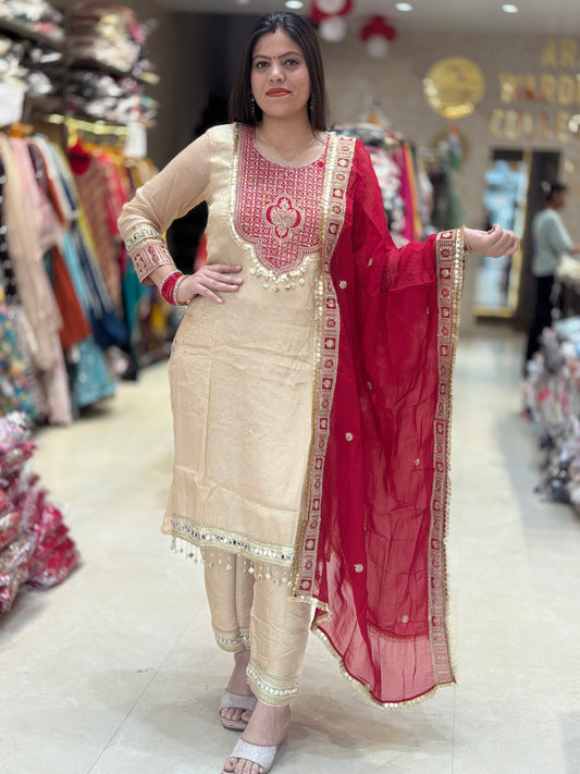 ROYAL KANCHIVERM SUIT WITH ORINAL MIRROR WORK CONTRAST WITH RED DUPPTA