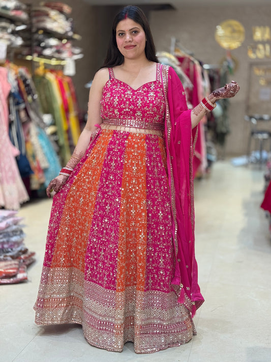 HOT PINK DUEL PURE GEORGET SHORT CHOLI WITH FULL SIPI WORK FULL FLAIR LEHNGA
