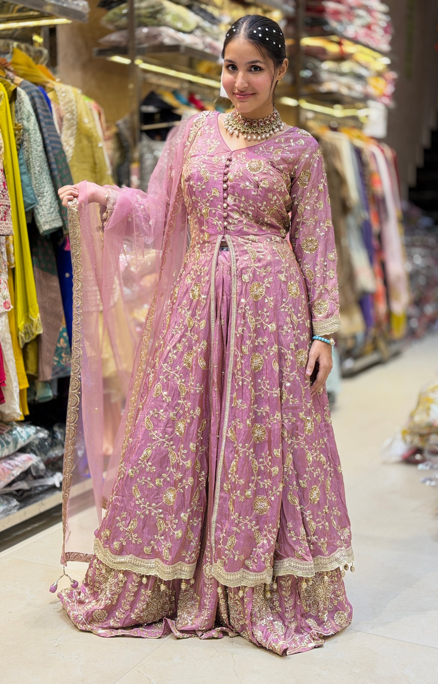 ONION PINK FUL PEARL AND MIRROR WORK FRONT CUT LEHENGA