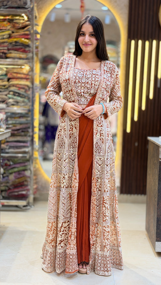 RUST SILVER PERALWORK BLOUSE WITH CAPE DESIGN SAREE