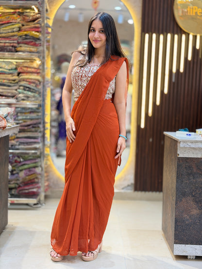 RUST SILVER PERALWORK BLOUSE WITH CAPE DESIGN SAREE
