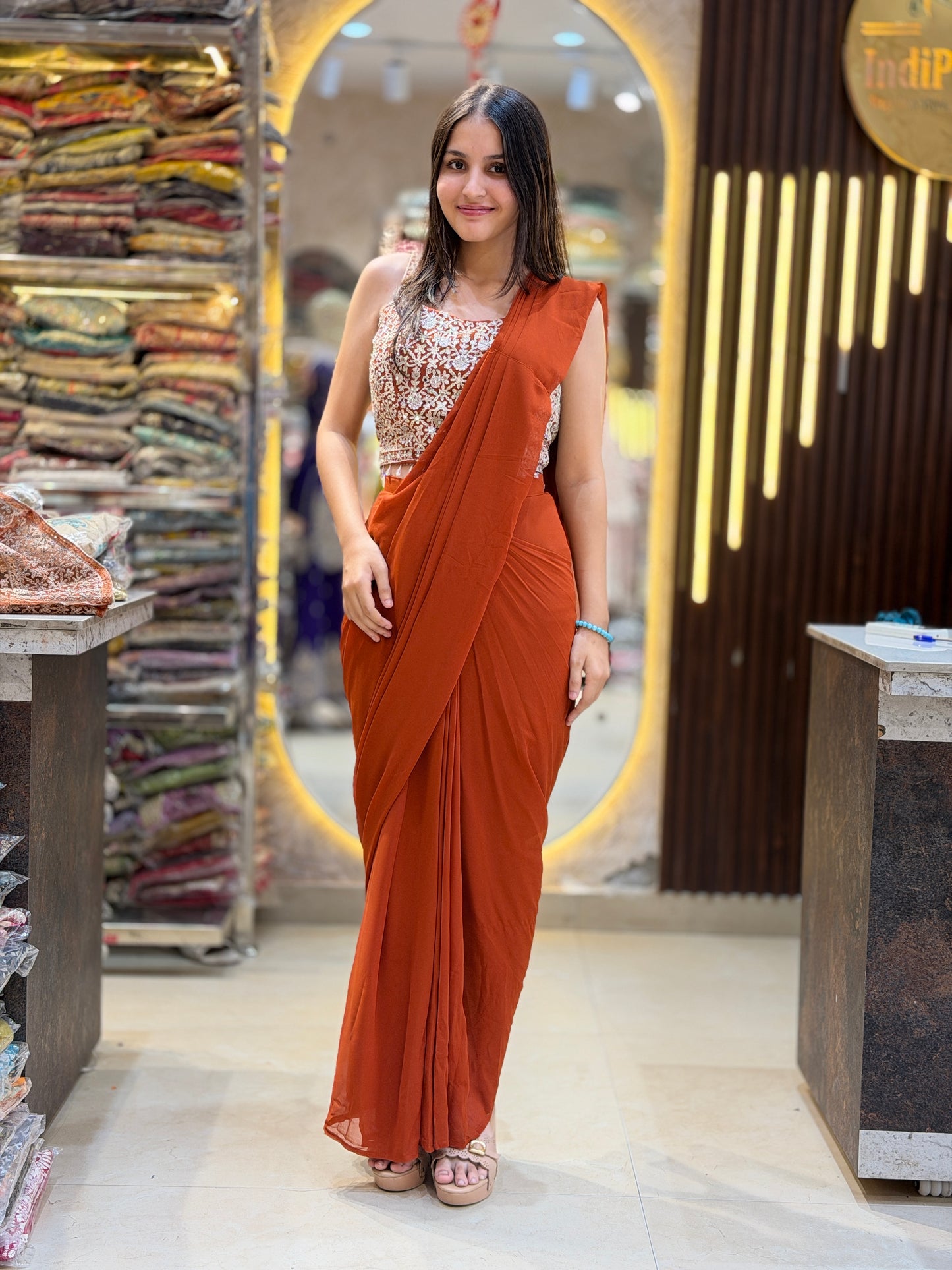 RUST SILVER PERALWORK BLOUSE WITH CAPE DESIGN SAREE
