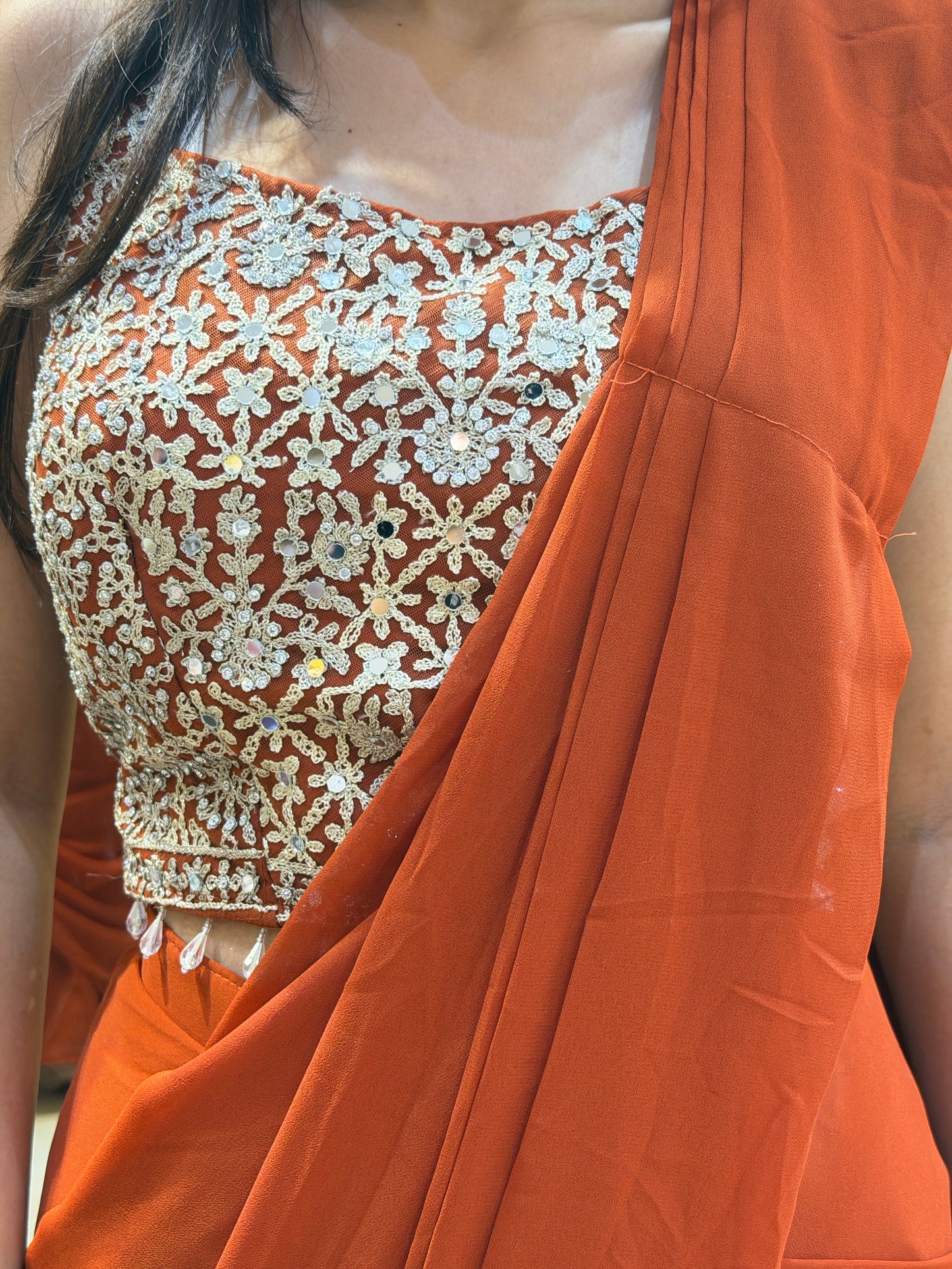 RUST SILVER PERALWORK BLOUSE WITH CAPE DESIGN SAREE