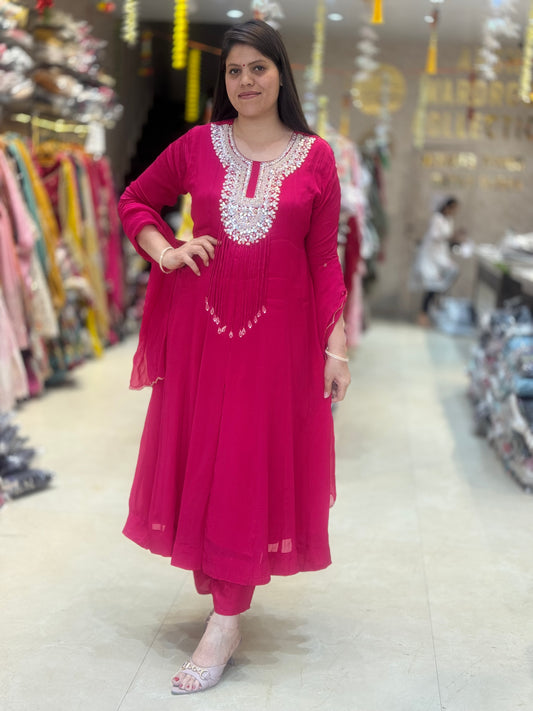 HOT PINK PURE SILK NECCK DESIGN WITH SILVER PEARL WORK ANARKALI