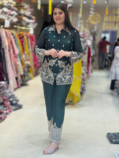 OLIVE GREEN PURE CHINON SILK FULL THREAD AND PEARL WORK CORDSET