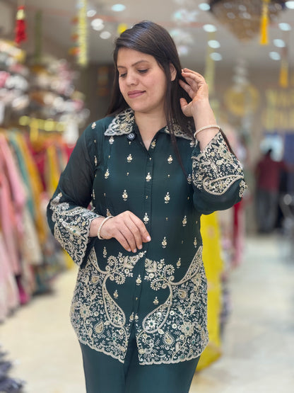 OLIVE GREEN PURE CHINON SILK FULL THREAD AND PEARL WORK CORDSET