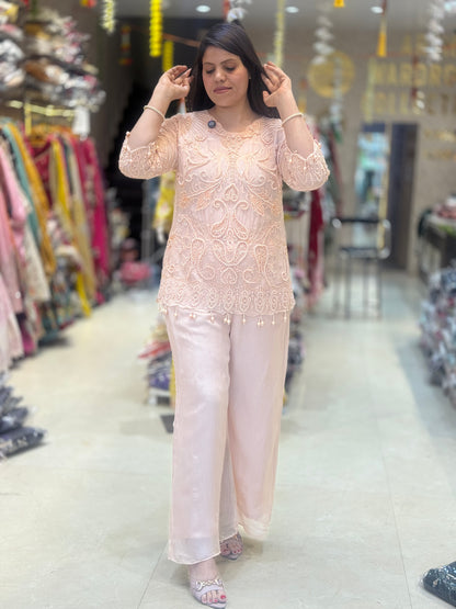 PEACH PURE GEORGET FUL PEARL WORK WITH PLAZO CORDSET