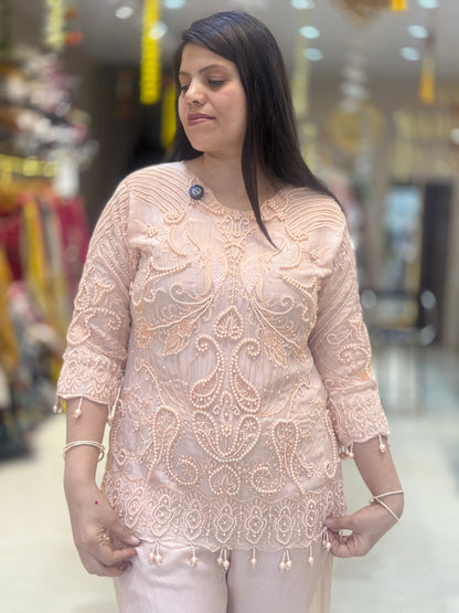 PEACH PURE GEORGET FUL PEARL WORK WITH PLAZO CORDSET