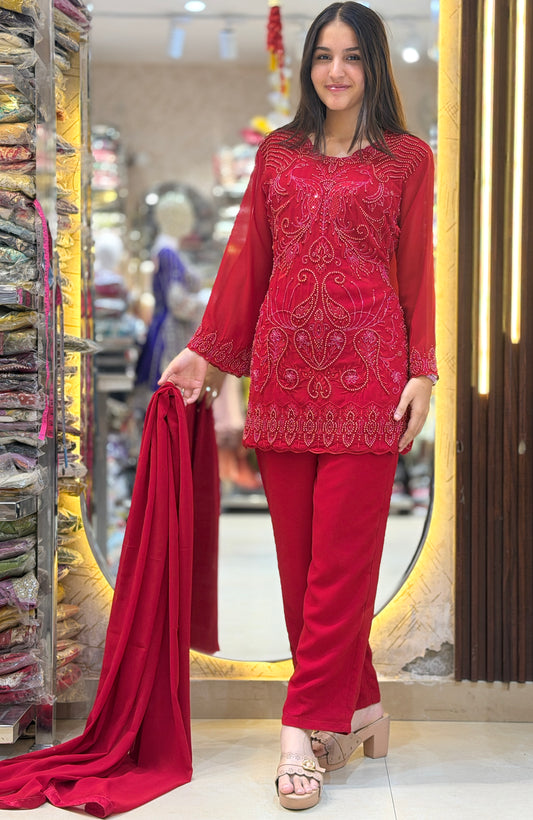 RED NECK DESIGN PEARL DESIGN PANT BOTTOM DRESS