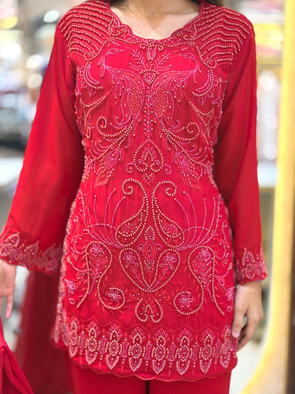 RED NECK DESIGN PEARL DESIGN PANT BOTTOM DRESS