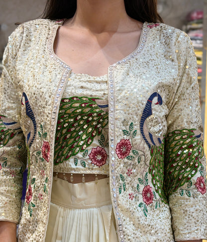 PEACOCK DESIGN CROPE TOP WITH JECKET SKIRT DRESS