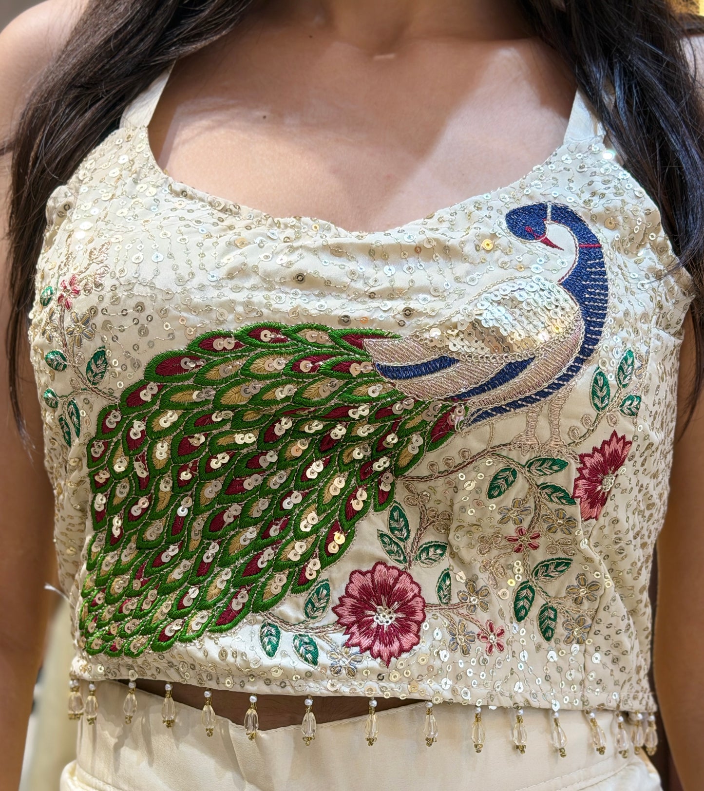 PEACOCK DESIGN CROPE TOP WITH JECKET SKIRT DRESS