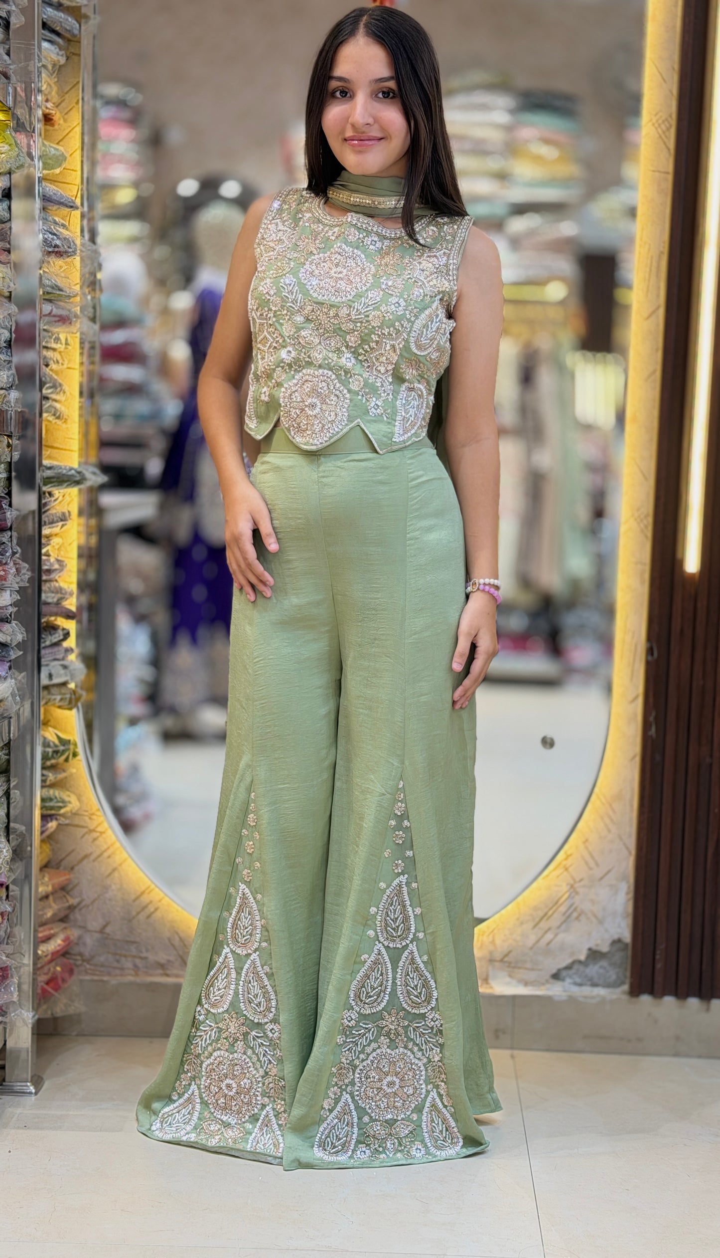 CROPE TOP PEARL WORK WITH BELBOTTOM PANT DESIGNER DRESS