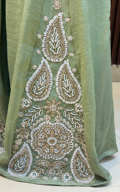 CROPE TOP PEARL WORK WITH BELBOTTOM PANT DESIGNER DRESS