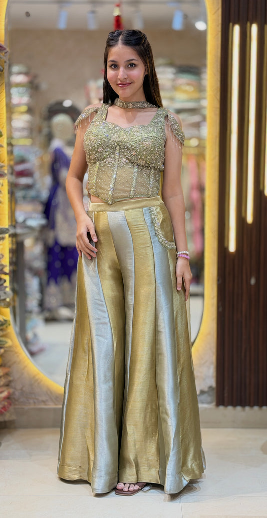 GOLDEN DESIGNER TOP WITH BELL BOTTOM PANT DRESS