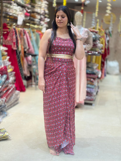 ELEGANT CROPE TOP LACHA SKIRT WITH CAPE DRESS