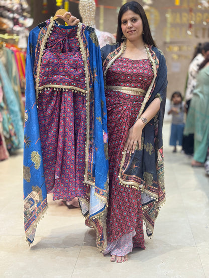 ELEGANT CROPE TOP LACHA SKIRT WITH CAPE DRESS