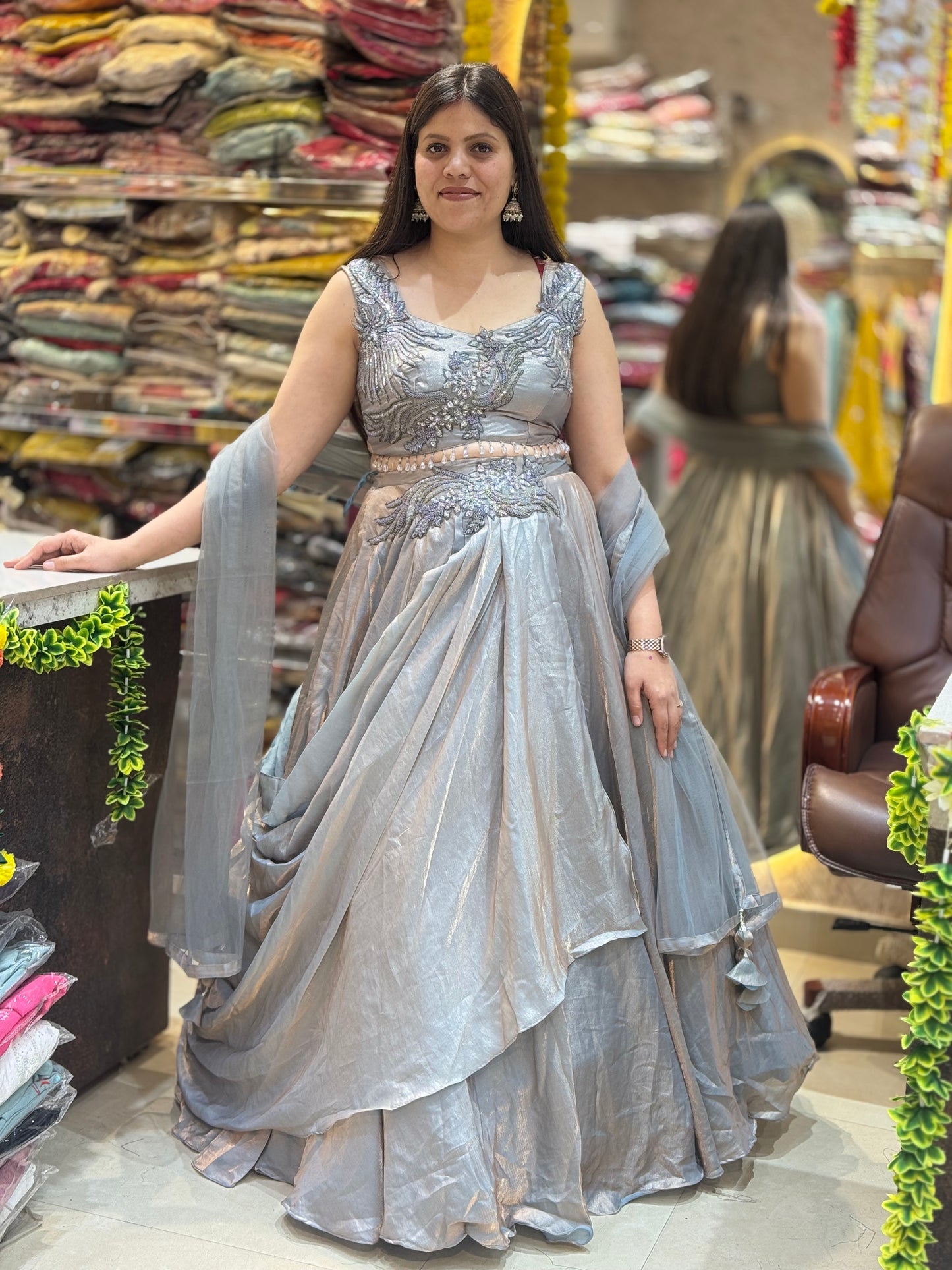 STEEL GREY PREMIUM BEAUTIFUL SHORT CHOLI WITH PERAL WORK FULL FLAIR LEHNGA