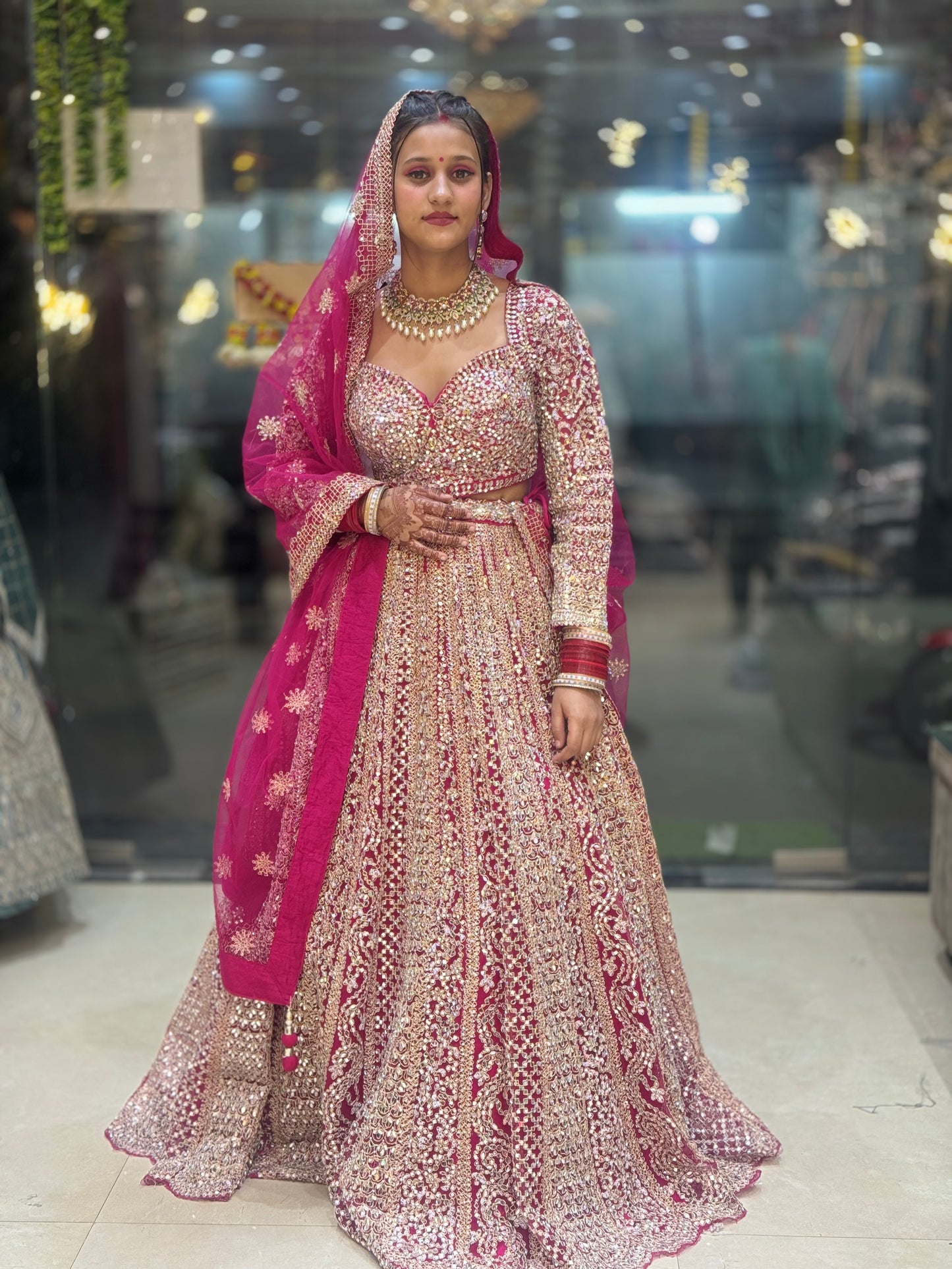 HOT PINK ORIGNAL MIRROR WORK FULL FLAIR LEHNGA