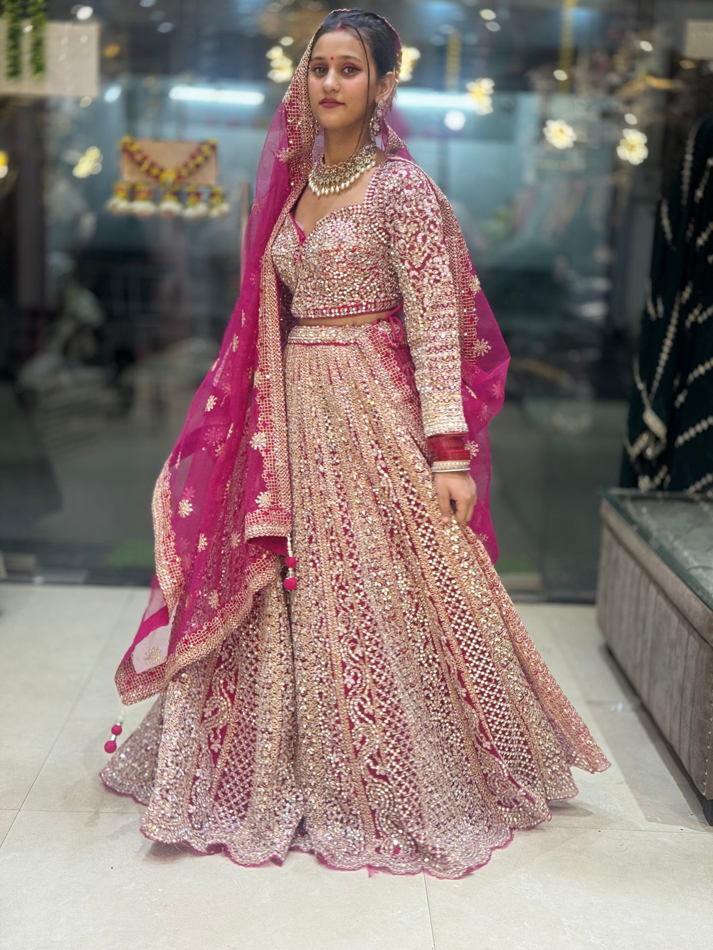 HOT PINK ORIGNAL MIRROR WORK FULL FLAIR LEHNGA