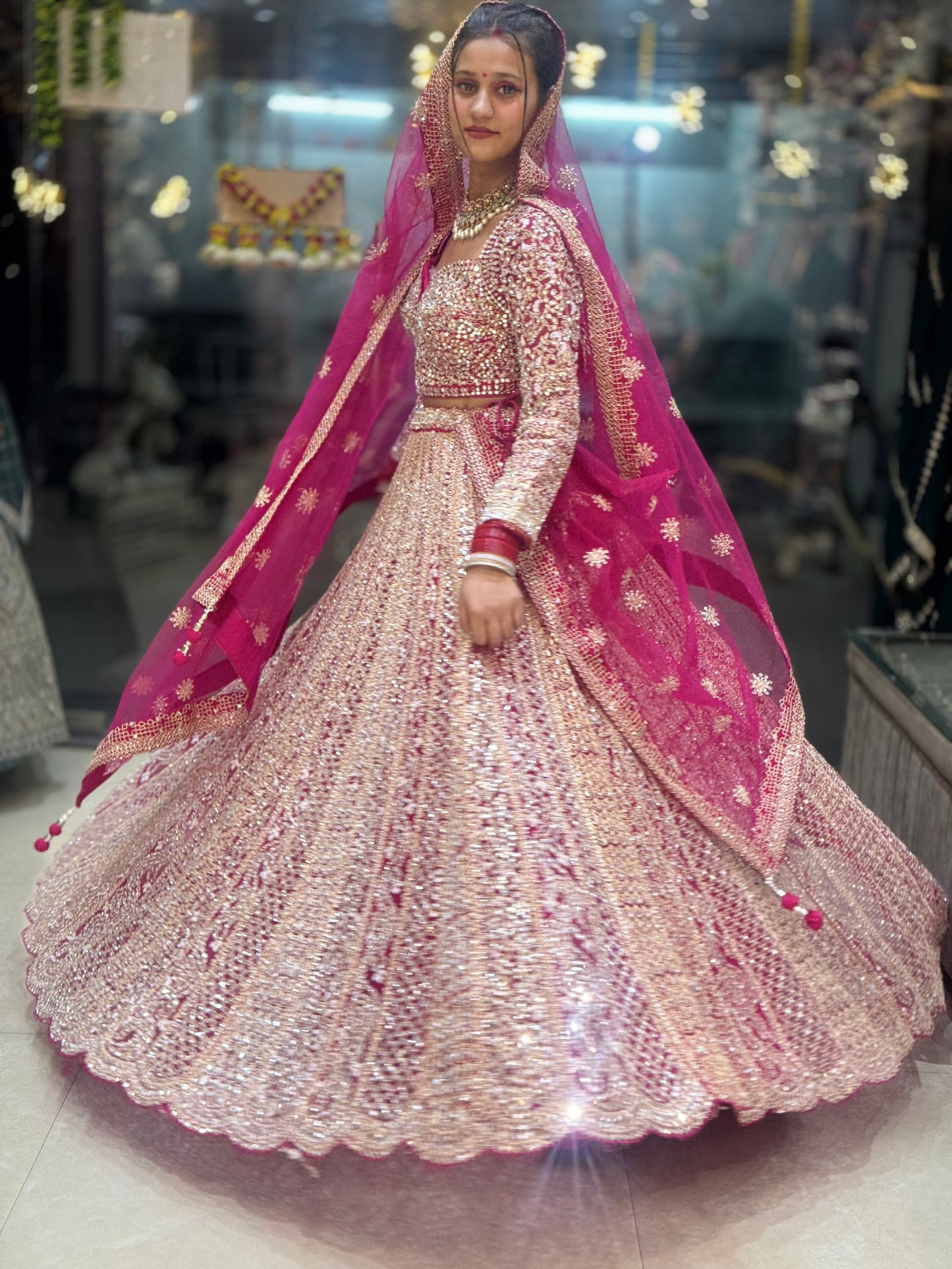 HOT PINK ORIGNAL MIRROR WORK FULL FLAIR LEHNGA