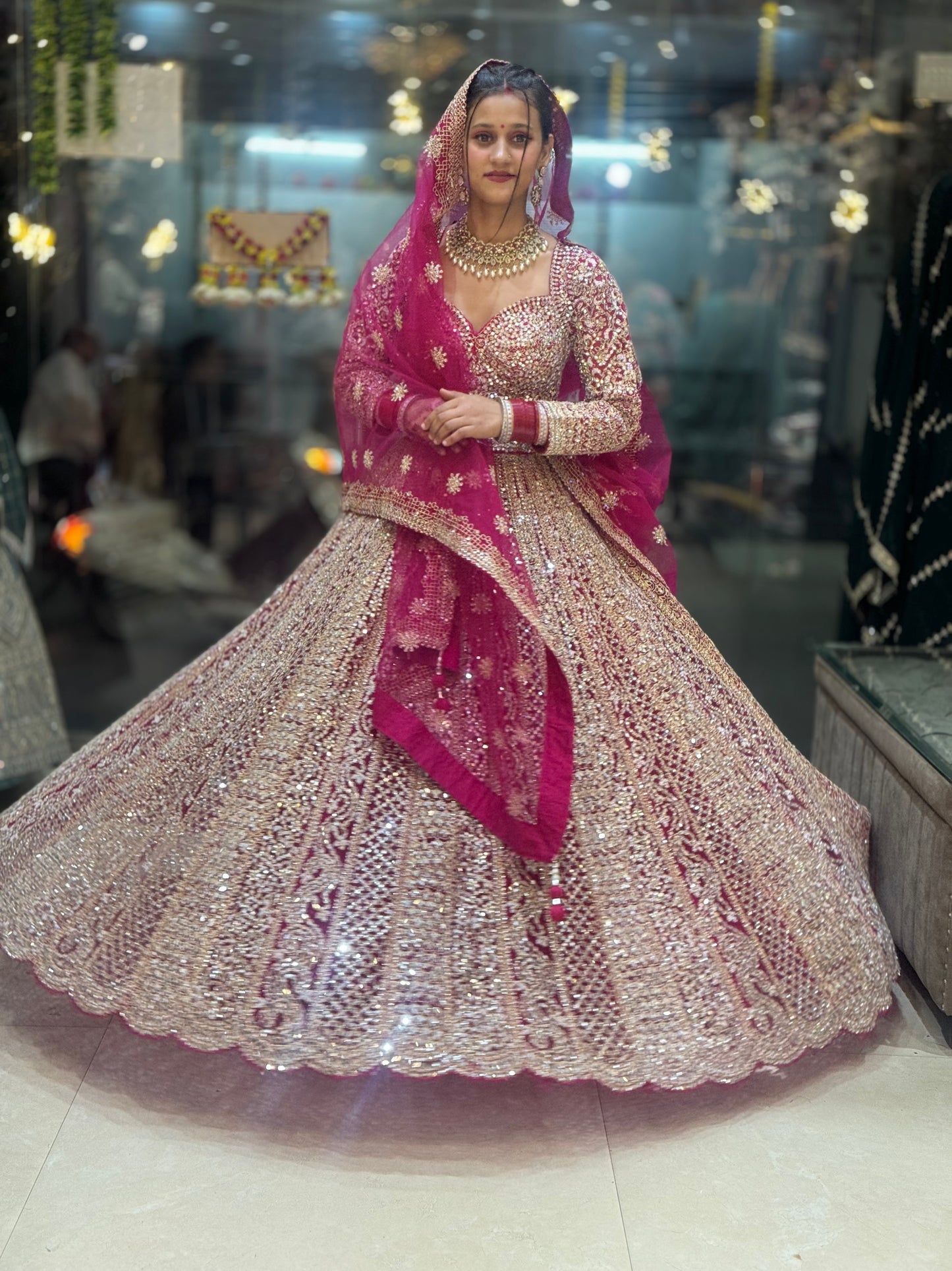 HOT PINK ORIGNAL MIRROR WORK FULL FLAIR LEHNGA