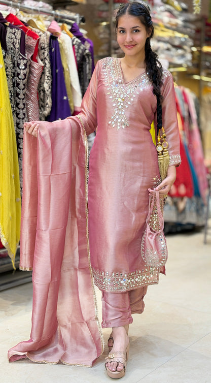 PEACH PREMIUM MIRROR DESIGN POTLI DESIGN SUIT