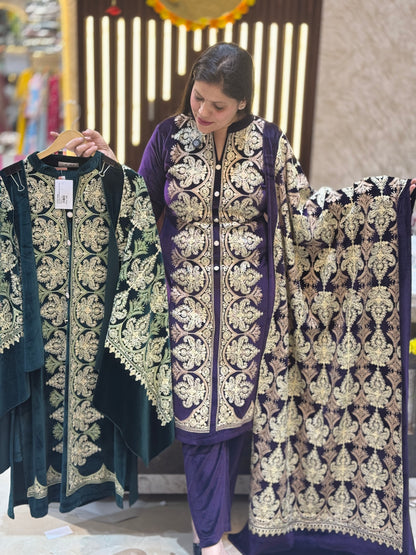 Elegant Velvet Suit with Exquisite Thread Embroidery