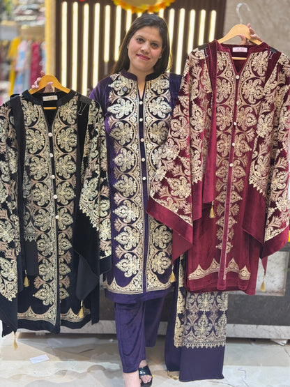 Elegant Velvet Suit with Exquisite Thread Embroidery