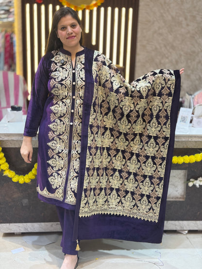 Elegant Velvet Suit with Exquisite Thread Embroidery