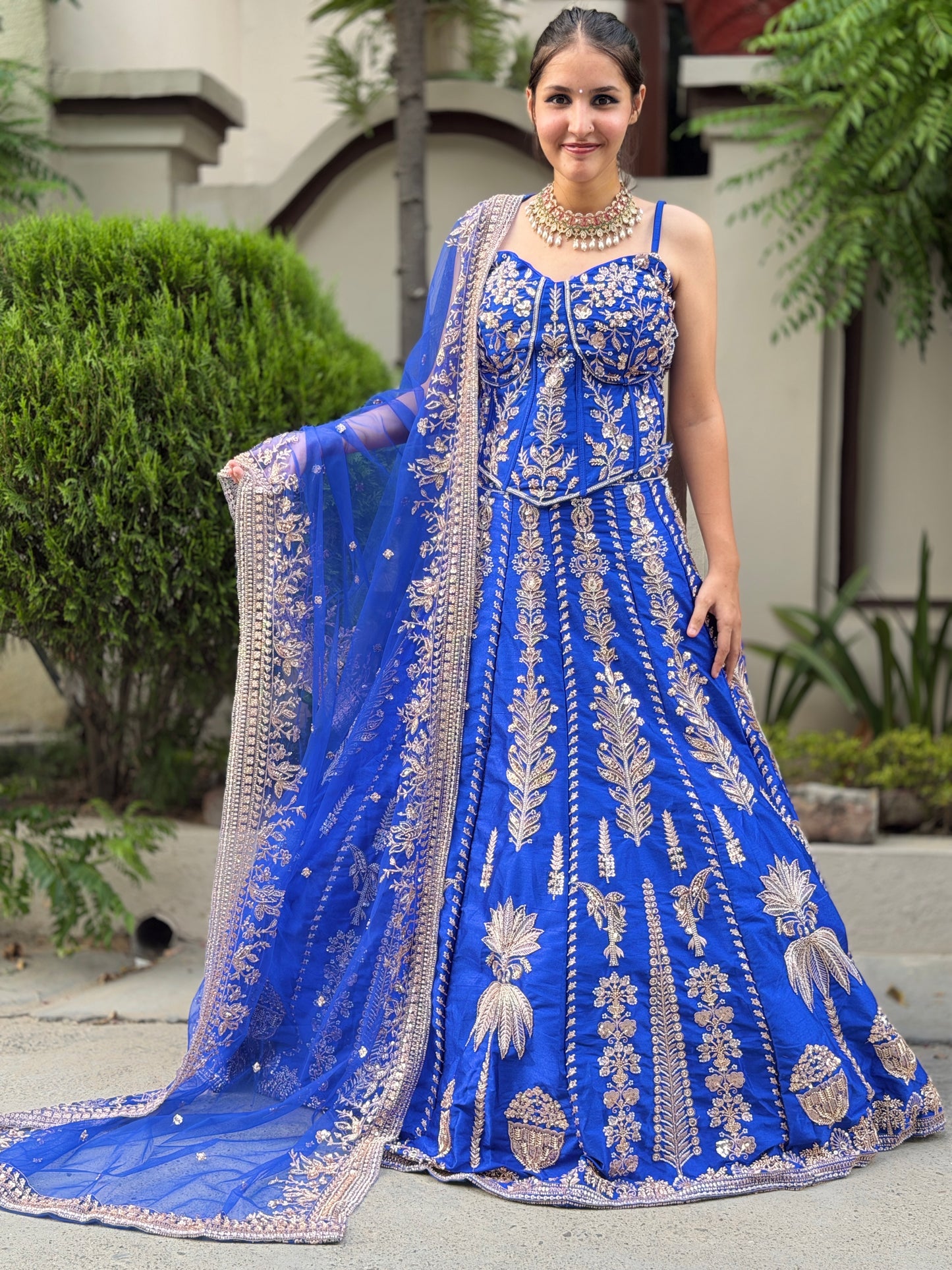 BLUE PURE SILK BACK DESIGN WITH HANDWORK DESIGNER LEHENGA