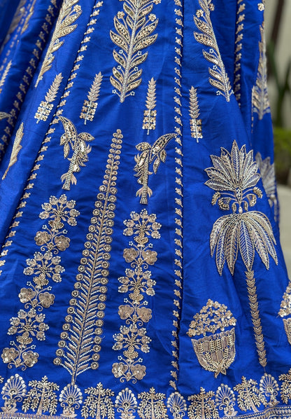BLUE PURE SILK BACK DESIGN WITH HANDWORK DESIGNER LEHENGA