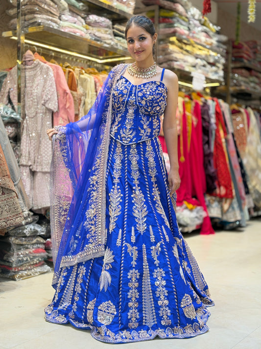 BLUE PURE SILK BACK DESIGN WITH HANDWORK DESIGNER LEHENGA