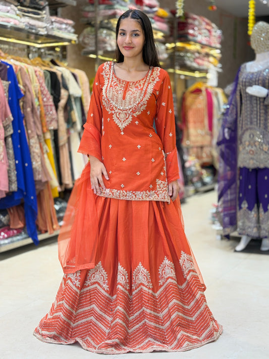 ORANGE SILVER WORK NECK FULL FLAIR LEHENGA
