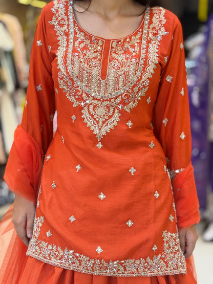 ORANGE SILVER WORK NECK FULL FLAIR LEHENGA