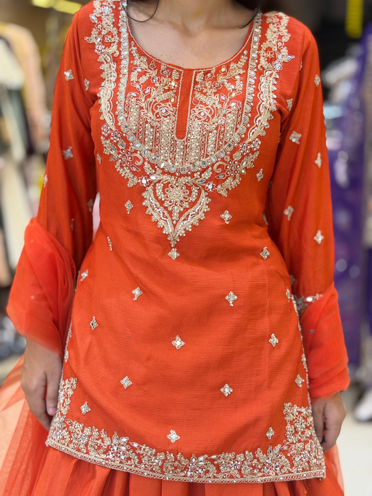 ORANGE SILVER WORK NECK FULL FLAIR LEHENGA