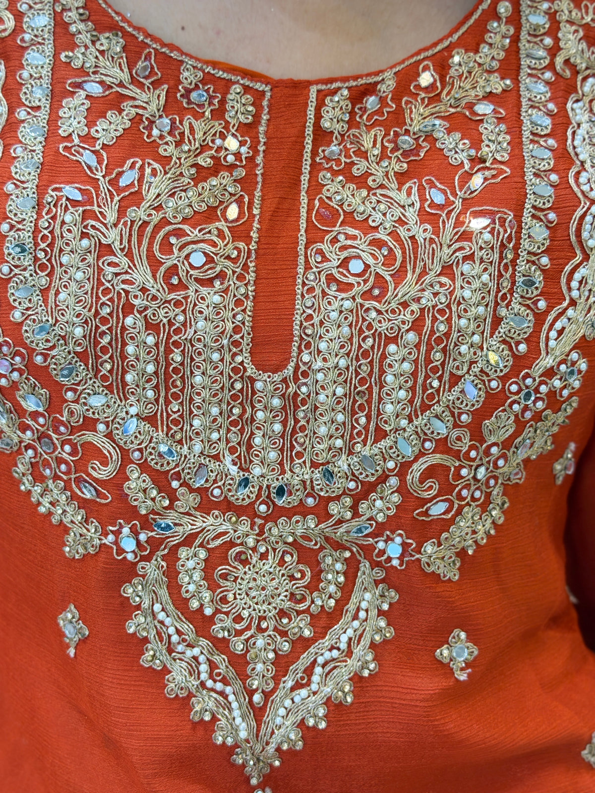 ORANGE SILVER WORK NECK FULL FLAIR LEHENGA