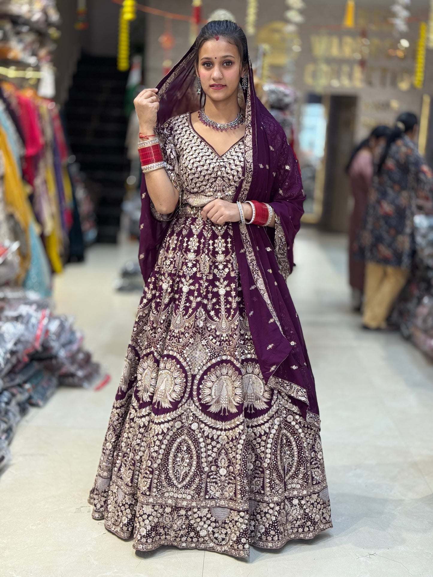 WINE PURE GEORGET ORIGNAL MIRROR AND TILLA WORK LEHENGA